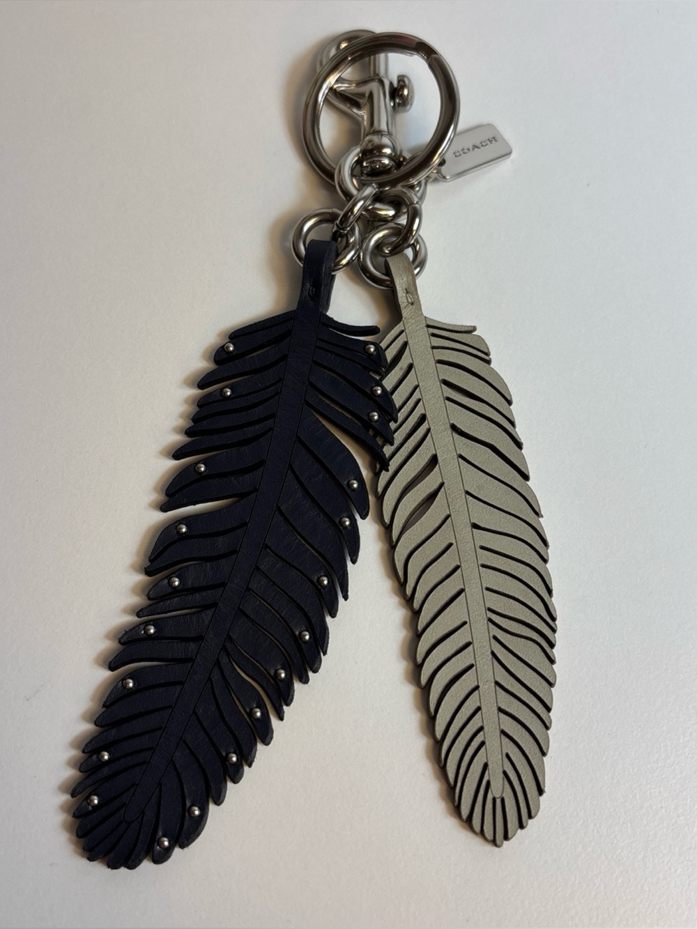 Coach Leather Studded Feather Keychain Ring Charm